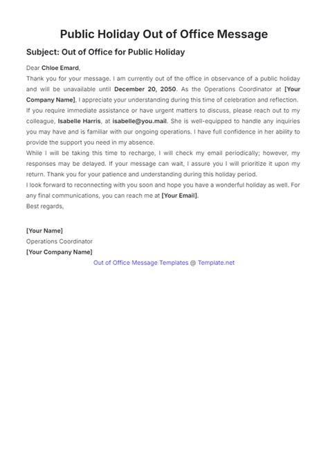 Out Of Office Message Template Public Holiday - astra.edu.pl