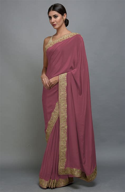 Maroon Kashmiri Tilla Aari Embroidered Pure Crepe Saree – Talking Threads