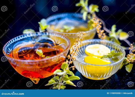 Close Up of Fresh Leaves of Holy Basil with Raw Honey and Lemon Juice the Home Remedy To Cure ...