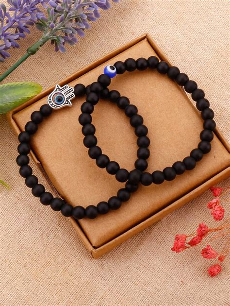 2pcs Evil Eye Detail Hamsa Hand Decor Beaded Bracelet | SHEIN USA