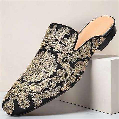Men's Black Premium Cowhide Mules with Gold Floral Embroidery – Luxury ...