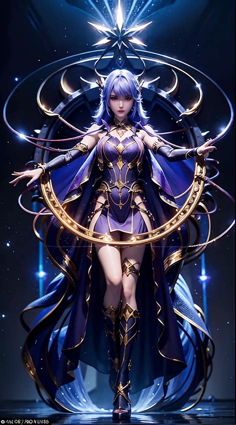 A woman in a purple dress and a blue cape is standing in front of a ...