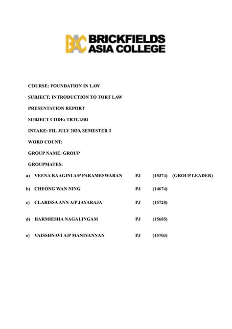 Image result for Tort Report Example