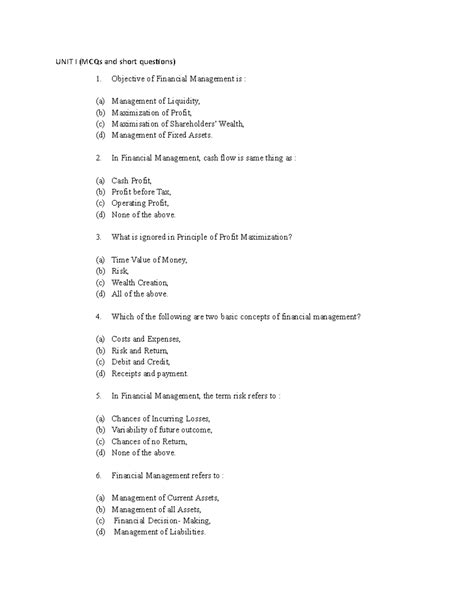 FM UNIT I - practice questions for fm - UNIT I (MCQs and short ...