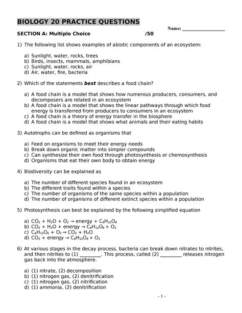 Bio 20 practice exam - BIOLOGY 20 PRACTICE QUESTIONS Name ...