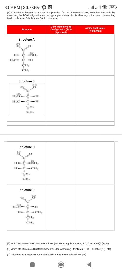 Solved (1) Consider Isoleucine, structures are provided for | Chegg.com