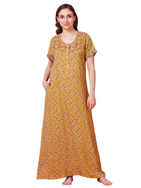 9shines Label Alpine Cotton Long Nighty | Embroidered Night Gown for ...