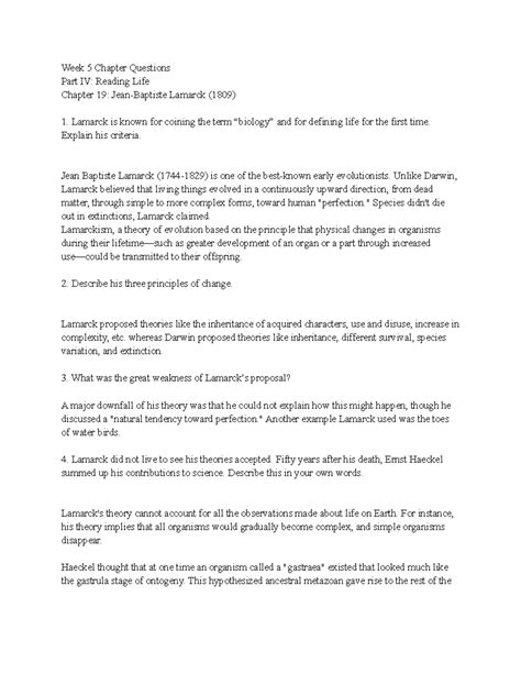 BIO101 Week 5 Chapter Questions: Lamarck's Evolutionary Theories - Studocu