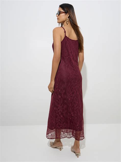 Buy Wardrobe Burgundy Floral Lace Detailed Straight Dress from Westside