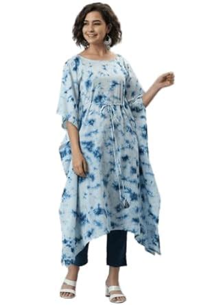 Buy LOOKS18 Women's Light Blue Pure Cotton Kaftan Kurta at Amazon.in