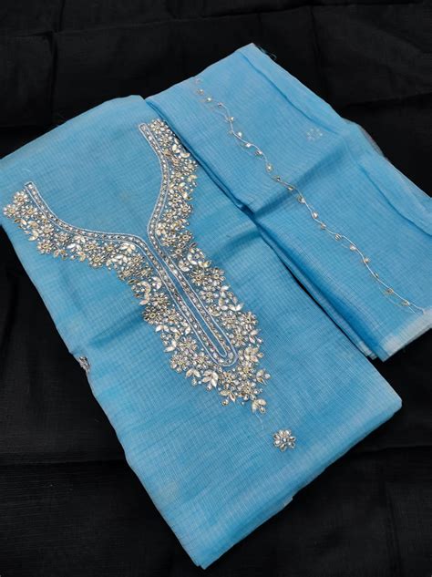 Kota Doria Salwar Suit with Kundan & Gota Patti Work - Leheriya.com