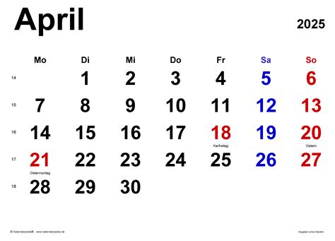 Kalender April 2025 als PDF-Vorlagen
