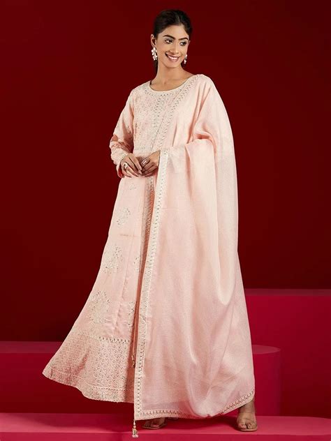 Buy Libas Art Peach Embroidered Silk A-Line Kurta With Trousers ...
