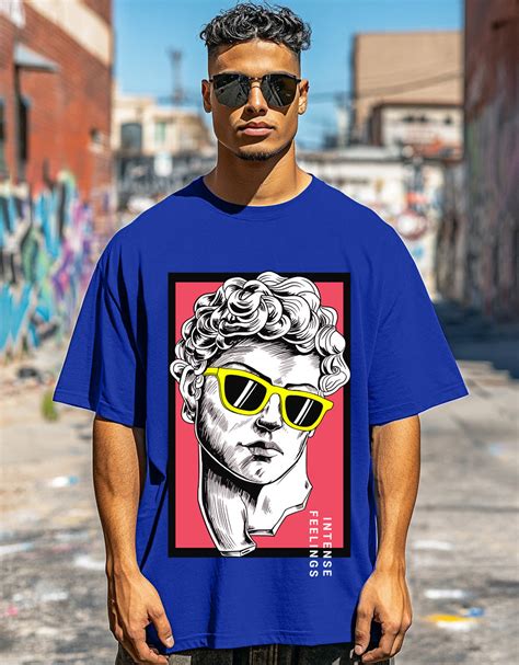 INTENSE FEELINGS Blue Oversized Front Graphic Printed T-shirt – Veirdo