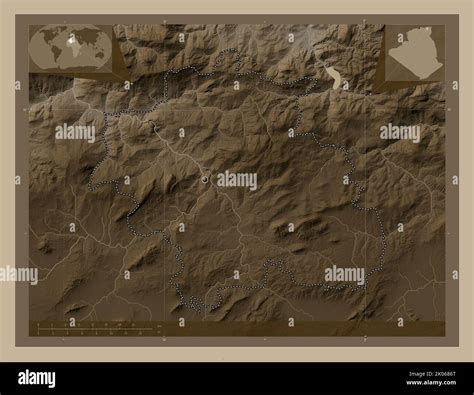 Constantine, province of Algeria. Elevation map colored in sepia tones with lakes and rivers ...