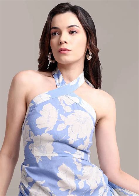 Printed Linen Halter Neck Dress With Side Trail – IKI CHIC