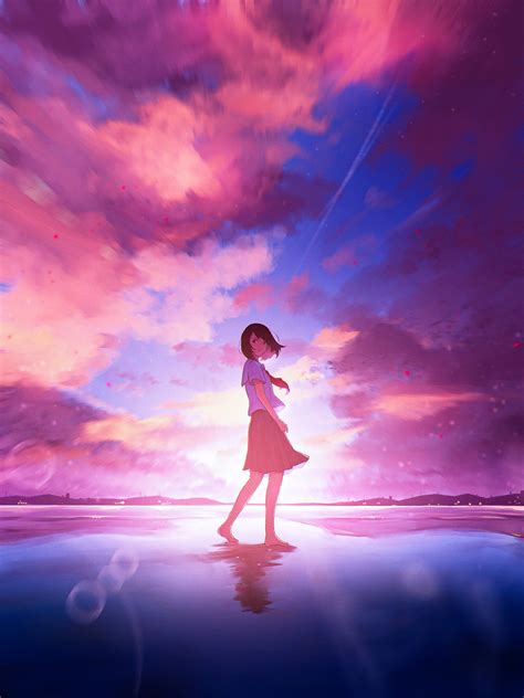 壁纸 : Oka Kojiro, 插图, 动漫女孩, 水, 景深, 云彩, 天空, anime sky, 垂直, 校服, sunset ...