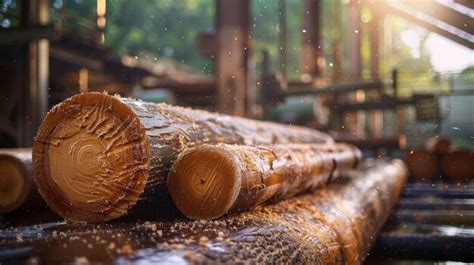 Sawmill operation logs being processed into timber industrial lumber ...