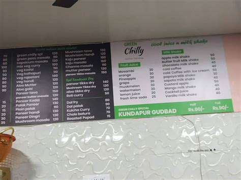 Menu at Green Chilly, Bengaluru, 7th Main