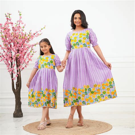 Purple Multi Flower Mom and Daughter Cotton Dresses – Fashiana