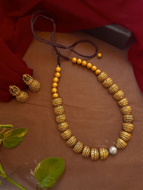 Antique Gold Toned Geometric Design With Pearl Terracotta Choker Neckl ...