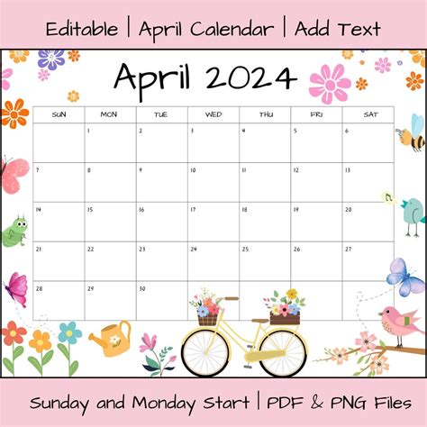 EDITABLE April 2025 Calendar PDF Template, 2025 Calendar, Printable ...