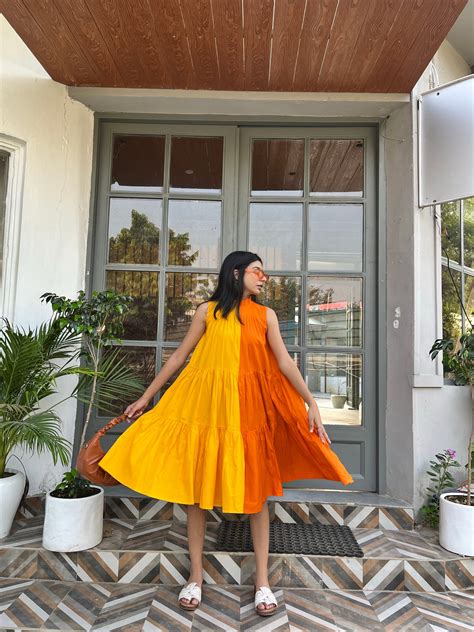 Experience Online yellow orange Half n Half Dress women India ...