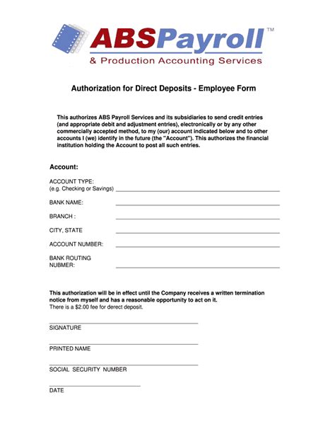 Fillable Online Authorization for Direct Deposits Employee Form This ...