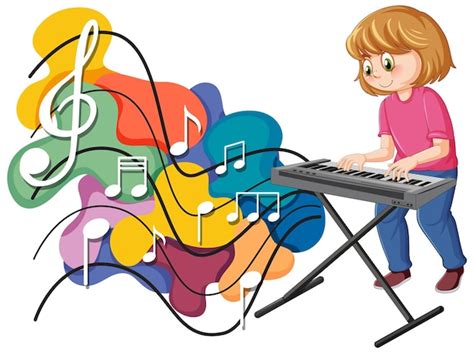 Ragazza che suona la tastiera con note colorate | Vettore Gratis