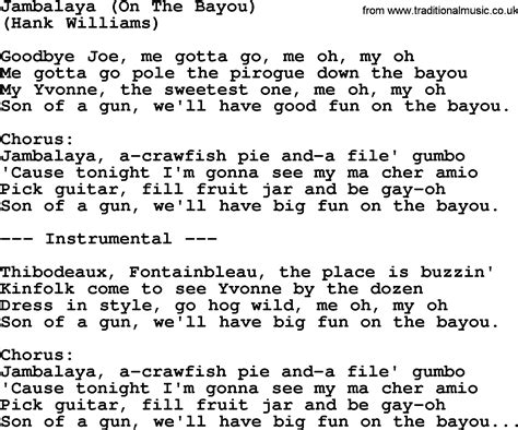 Jambalaya (On The Bayou) Lyrics at Jaxon Cockerill blog