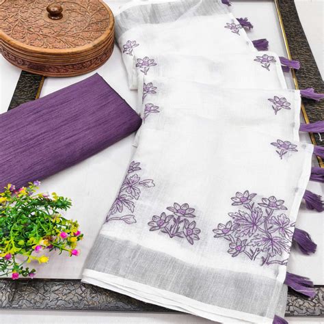 White & Lavender Floral Embroidered Linen Saree Perfect for Festive Oc