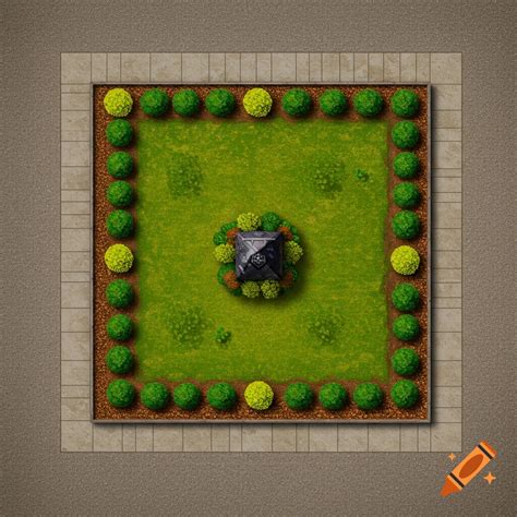 Land with garden bed and malon stone covering on Craiyon