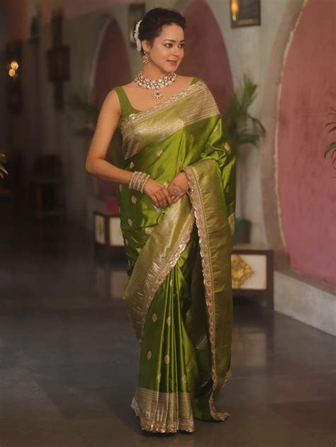 Banarasee Handloom Mashru Silk Saree Zari Border With Lace-Henna Green