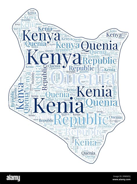 Kenya shape filled with country name in many languages. Kenya map in ...