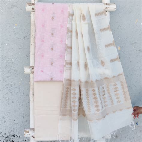 AAKASHI-Pure Cotton Handloom Pink With Golden Polka Dots Top And Plain ...