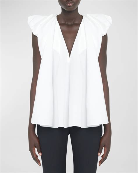 Alexander McQueen V-Neck Puff Cap-Sleeve Shirt | Neiman Marcus
