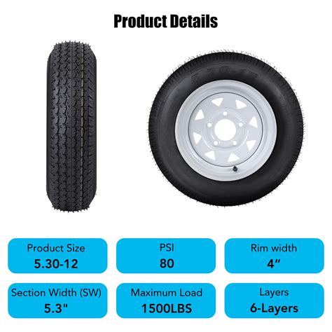 Set of 2 5.30-12 5.30x12 530-12 5.30-12 Trailer Tires with 12" Rims, 5 ...