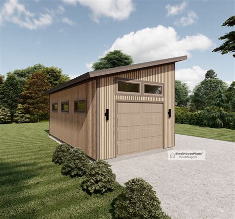 1-car Modern Detached Garage Plans, 24'x28' Garage Blueprints With Workshop and Shed Roof Porch ...