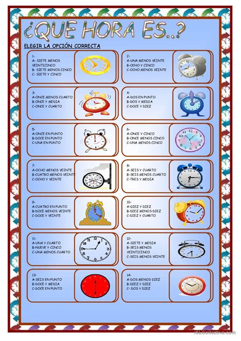 QUE HORA ES..?: English ESL worksheets pdf & doc