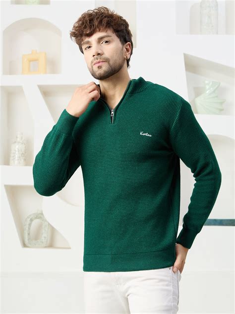 Mens Half Zipper Self Knitted Plain Sweater - Kvetoo