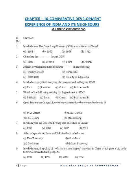 Ch-10-MCQ - CHAPTER – 10-COMPARATIVE DEVELOPMENT EXPERIENCE OF INDIA ...