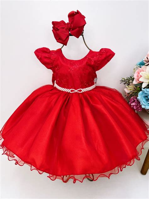 Vestido Bebê Vermelho Busto com Renda e Pérolas Batizado | Elo7