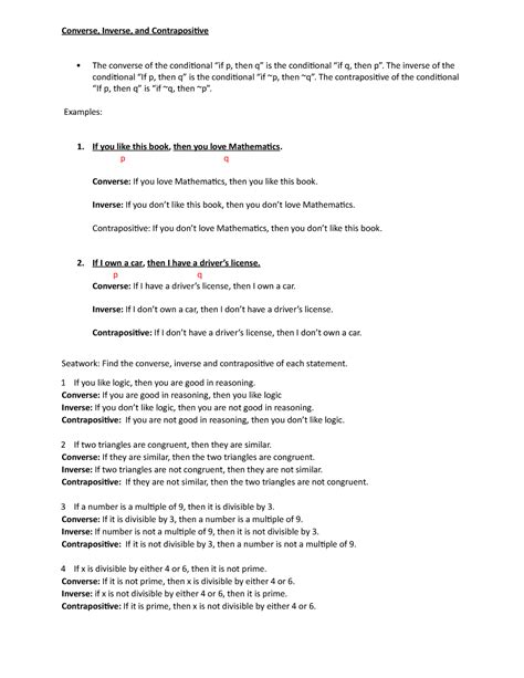 SOLUTION: Ppractice exam in converse inverse and contrapositive of ...