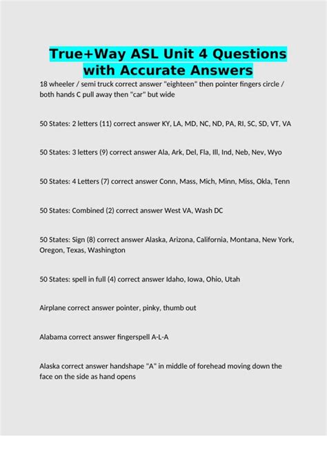 True+Way ASL Unit 4 Questions with Accurate Answers - Humanities ...