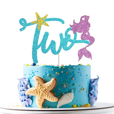 Mermaid Two Cake Topper, Happy 2nd Birthday Cupcake Topper,Two Years ...