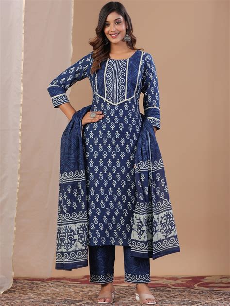 Sangria Ethnic Motifs Printed Pure Cotton Kurta With Trouser & Dupatta ...
