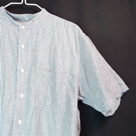 【スタンドカラーシャツ】UNIQLO ユニクロ ストライプ リネンコットン 半袖シャツ Mサイズ（肩幅47.5cm） ホワイト・グレー【湘南 ...