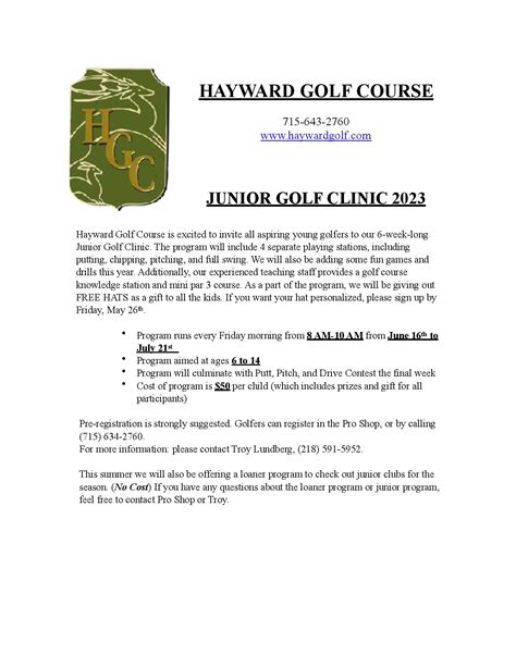 Junior Golf Program Starting June 16th! Sign-Up Now! - Hayward Golf Course