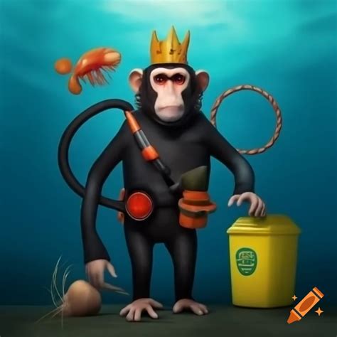 Monkey in scuba suit with crown underwater interacting with frog ...