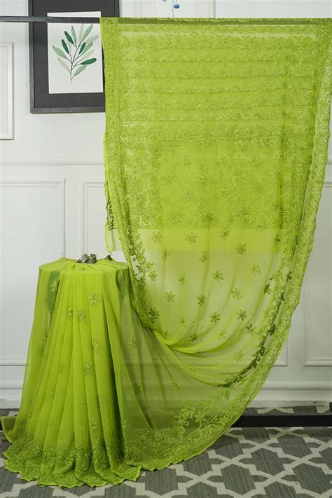 Buy Lime Green Georgette Saree with Chikankari Embroidery